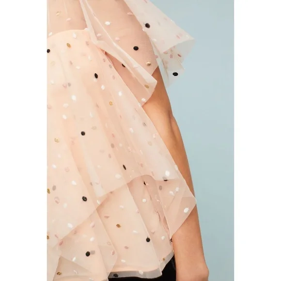 Eva Franco Anthropologie Tiered Sheer Pink Flutter Sleeve Polka Dot Top NWT - Picture 4 of 5